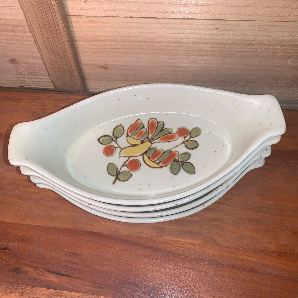 VTG Otagiri Japan Au Gratin Casserole Dish Speckled Stoneware Set 4 Bird Berries